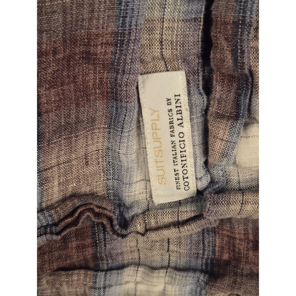 Suitsupply Brown Blue Plaid Dress Shirt Cotonificio Albini Linen Mens 15.5 - Picture 6 of 10
